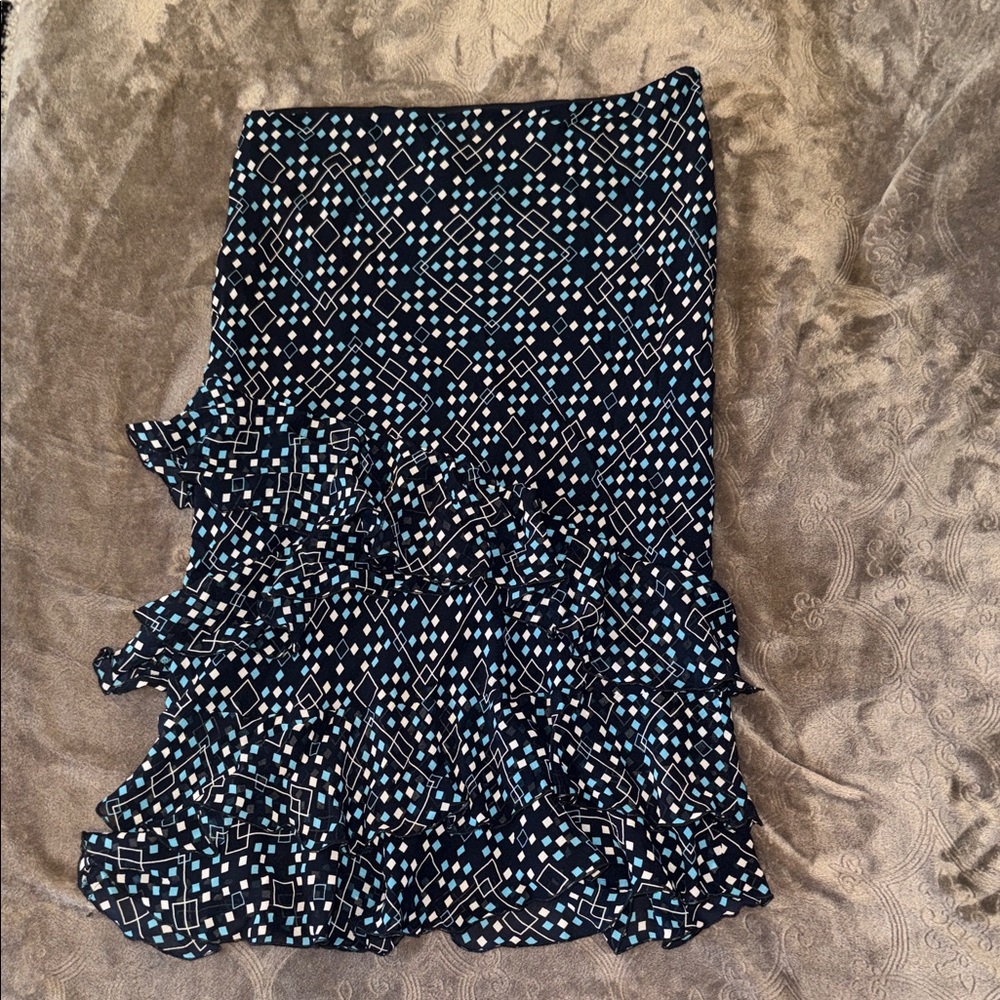 Ruffled Geometric Print Midi Skirt - Navy & Blue